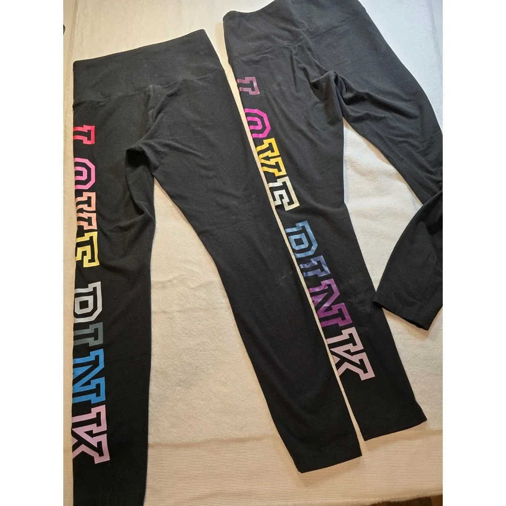 Victorias Secret LOVE PINK Leggings Pants Sz M Athletic Rainbow Logo Lot 2 Yoga - Picture 1 of 8